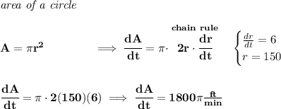 \bf \textit{area of a circle}\\\\&#10;A=\pi r^2\qquad \qquad \implies \cfrac{dA}{dt}=\pi \cdot \stackrel{chain~rule}{2r\cdot \cfrac{dr}{dt}}\quad &#10;\begin{cases}&#10;\frac{dr}{dt}=6\\&#10;r=150&#10;\end{cases}&#10;\\\\\\&#10;\cfrac{dA}{dt}=\pi \cdot 2(150)(6)\implies \cfrac{dA}{dt}=1800\pi \frac{ft}{min}