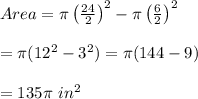 Area=\pi\left( \frac{24}{2} \right)^2-\pi\left( \frac{6}{2} \right)^2 \\  \\ =\pi(12^2-3^2)=\pi(144-9) \\  \\ =135\pi\ in^2