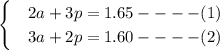 \begin{cases}&2a + 3p = 1.65 ---- (1)  \\&3a + 2p = 1.60 ---- (2)\end{cases}