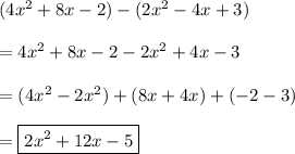 (4x^2+8x-2)-(2x^2-4x+3)\\\\=4x^2+8x-2-2x^2+4x-3\\\\=(4x^2-2x^2)+(8x+4x)+(-2-3)\\\\=\boxed{2x^2+12x-5}