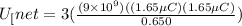 U_[net} = 3(\frac{(9\times 10^9)((1.65 \mu C)(1.65 \mu C)}{0.650})
