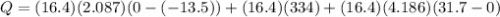 Q = (16.4) (2.087) (0 - (- 13.5)) + (16.4) (334) + (16.4) (4.186) (31.7 - 0)
