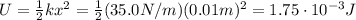 U= \frac{1}{2}kx^2 =  \frac{1}{2}(35.0 N/m)(0.01 m)^2 = 1.75 \cdot 10^{-3} J