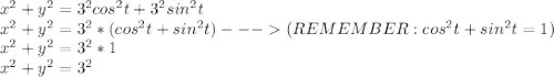 x^2 + y^2 = 3^2cos^2t + 3^2sin^2t \\x^2 + y^2 = 3^2 * (cos^2t + sin^2t) --- (REMEMBER: cos^2t + sin^2t = 1) \\x^2 + y^2 = 3^2 * 1 \\x^2 + y^2 = 3^2