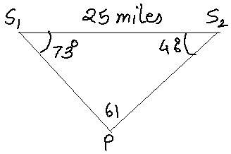 Two radar stations that are 25 miles apart and are both tracking a plane. at a given moment, the ang