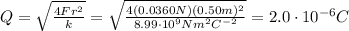 Q= \sqrt{ \frac{4Fr^2}{k} } = \sqrt{ \frac{4(0.0360 N)(0.50 m)^2}{8.99 \cdot 10^9 Nm^2C^{-2}} }=2.0 \cdot 10^{-6}C