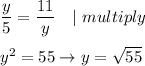 \dfrac{y}{5}=\dfrac{11}{y}\ \ \ |\cross\ multiply\\\\y^2=55\to y=\sqrt{55}