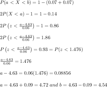 P(a\ \textless \ X\ \textless \ b)=1-(0.07+0.07) \\  \\ 2P(X\ \textless \ a)-1=1-0.14 \\  \\ 2P\left(z\ \textless \  \frac{a-4.63}{0.06} \right)-1=0.86 \\  \\ 2P\left(z\ \textless \  \frac{a-4.63}{0.06} \right)=1.86 \\  \\ P\left(z\ \textless \  \frac{a-4.63}{0.06} \right)=0.93=P(z\ \textless \ 1.476) \\  \\ \frac{a-4.63}{0.06}=1.476 \\  \\ a-4.63=0.06(1.476)=0.08856 \\  \\ a=4.63+0.09=4.72 \ and \ b=4.63-0.09=4.54