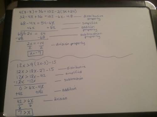  first to answer gets brainliest!  solve for x. show each step of the solution. 4(8 – x) + 36