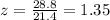 z =  \frac{28.8}{21.4}  = 1.35