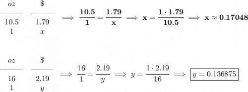 \bf \begin{array}{ccll}&#10;oz&\$\\&#10;\text{\textemdash\textemdash\textemdash}&\text{\textemdash\textemdash\textemdash}\\&#10;10.5&1.79\\&#10;1&x&#10;\end{array}\implies \cfrac{10.5}{1}=\cfrac{1.79}{x}\implies x=\cfrac{1\cdot 1.79}{10.5}\implies x\approx 0.17048&#10;\\\\\\&#10;&#10;\begin{array}{ccll}&#10;oz&\$\\&#10;\text{\textemdash\textemdash\textemdash}&\text{\textemdash\textemdash\textemdash}\\&#10;16&2.19\\&#10;1&y&#10;\end{array}\implies \cfrac{16}{1}=\cfrac{2.19}{y}\implies y=\cfrac{1\cdot 2.19}{16}\implies \boxed{y = 0.136875}