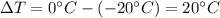 \Delta T=0^{\circ}C-(-20^{\circ}C)=20^{\circ}C