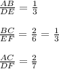 \frac{AB}{DE}=\frac{1}{3} \\ \\ \frac{BC}{EF}=\frac{2}{6}=\frac{1}{3}\\ \\ \frac{AC}{DF}=\frac{2}{7}