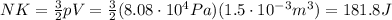 NK=  \frac{3}{2}pV= \frac{3}{2}(8.08 \cdot 10^4 Pa)(1.5 \cdot 10^{-3} m^3)=181.8 J