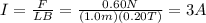 I= \frac{F}{LB}= \frac{0.60 N}{(1.0 m)(0.20 T)}=3 A
