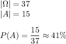 |\Omega|=37\\ |A|=15\\\\ P(A)=\dfrac{15}{37}\approx41\%