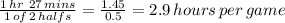 \frac{1\, hr\ 27\, mins}{1\, of\, 2\, halfs} = \frac{1.45}{0.5} =2.9\, hours\, per\, game