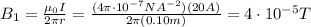B_1= \frac{\mu_0 I}{2 \pi r}= \frac{(4 \pi \cdot 10^{-7} NA^{-2} )(20 A)}{2 \pi (0.10 m)}=  4 \cdot 10^{-5}T