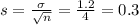 s = \frac{\sigma}{\sqrt{n}} = \frac{1.2}{4} = 0.3