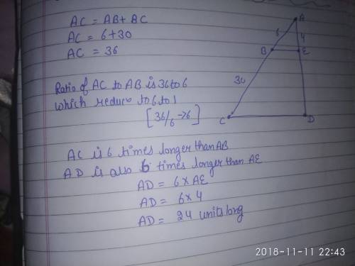 In the diagram, ab is 6 units, bc is 30 units, and ae is 4 units. if ? abe is similar to acd by the