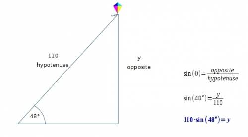 Akite flier wondered how high her kite was flying. she used a protractor to measure an angle of 48∘