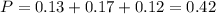 P = 0.13 + 0.17 + 0.12 = 0.42