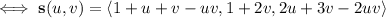 \iff\mathbf s(u,v)=\langle1+u+v-uv,1+2v,2u+3v-2uv\rangle