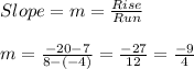 Slope=m= \frac{Rise}{Run} \\  \\ &#10;m= \frac{-20-7}{8-(-4)}= \frac{-27}{12}= \frac{-9}{4}