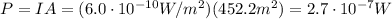 P=IA = (6.0 \cdot 10^{-10}W/m^2)(452.2 m^2)=2.7 \cdot 10^{-7} W