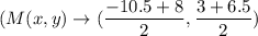 (M(x,y)\rightarrow (\dfrac{-10.5+8}{2},\dfrac{3+6.5}{2})