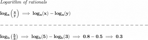 \bf \textit{Logarithm of rationals}&#10;\\\\&#10;log_a\left(  \frac{x}{y}\right)\implies log_a(x)-log_a(y)\\\\&#10;-------------------------------\\\\&#10;log_b\left( \frac{5}{3} \right)\implies log_b(5)-log_b(3)\implies 0.8-0.5\implies 0.3