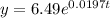 y = 6.49e^{0.0197t}