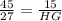 \frac{45}{27} = \frac{15}{HG}