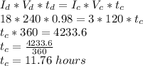 I_d*V_d*t_d=I_c*V_c*t_c\\18*240*0.98=3*120*t_c\\t_c*360=4233.6\\t_c=\frac{4233.6}{360}\\ t_c=11.76\ hours