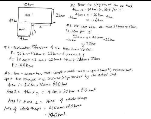 Find the perimeter and area of the following shape. show formula and work!  first, find the missing