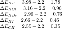 \Delta E_{HF}=3.98-2.2=1.78\\\Delta E_{HCl}=3.16-2.2=0.96\\\Delta E_{HBr}=2.96-2.2=0.76\\\Delta E_{HI}=2.66-2.2=0.46\\\Delta E_{CH}=2.55-2.2=0.35