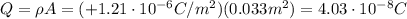 Q= \rho A = (+1.21 \cdot 10^{-6} C/m^2)(0.033 m^2)=4.03 \cdot 10^{-8}C