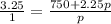 \frac{3.25}{1} =\frac{750+2.25p}{p}