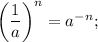 \left(\dfrac{1}{a}\right)^n=a^{-n};