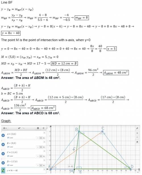 An isosceles trapezoid abcd has bases ad = 17cm, bc = 5cm, and leg ab = 10 cm. a line is drawn throu