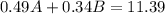 0.49A + 0.34B = 11.39