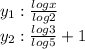 y_{1} : \frac{logx}{log2} \\y_{2} : \frac{log3}{log5} + 1