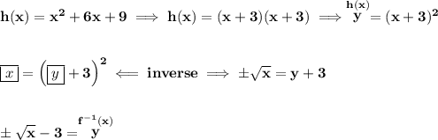 \bf h(x)=x^2+6x+9\implies h(x)=(x+3)(x+3)\implies \stackrel{h(x)}{y}=(x+3)^2&#10;\\\\\\&#10;\boxed{x}=\left(\boxed{y}+3  \right)^2\impliedby inverse\implies \pm\sqrt{x}=y+3&#10;\\\\\\&#10;\pm\sqrt{x}-3=\stackrel{f^{-1}(x)}{y}