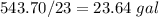 543.70/23=23.64\ gal