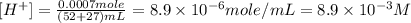 [H^+]=\frac{0.0007mole}{(52+27)mL}=8.9\times 10^{-6}mole/mL=8.9\times 10^{-3}M
