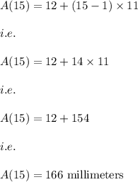 A(15)=12+(15-1)\times 11\\\\i.e.\\\\A(15)=12+14\times 11\\\\i.e.\\\\A(15)=12+154\\\\i.e.\\\\A(15)=166\ \text{millimeters}