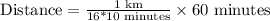 \text{Distance}=\frac{1\text{ km}}{\text{16*10 minutes}}\times\text{60 minutes}