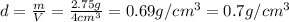 d= \frac{m}{V}= \frac{2.75 g}{4 cm^3}=0.69 g/cm^3=0.7 g/cm^3