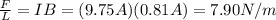 \frac{F}{L}=IB=(9.75 A)(0.81 A)=7.90 N/m