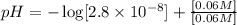 pH=-\log[2.8\times 10^{-8}]+\frac{[0.06 M]}{[0.06 M]}